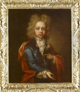 Portrait Of A Young Boy, In A Blue Coat With A Red Cloak Holding A Parakeet