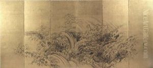 Tiger Im Schatten Einer Kiefer (+ Zwei Drachen In Gischt Und Wogen; 2 Works In 6 Panels) by Ganku