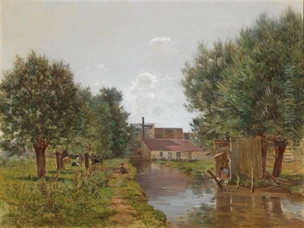 Washerwoman By The River Outside A Town - view 1