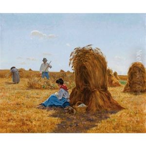 Getreideernte Mit Rastender Mutter Und Kind by Gustave Cesaire Garaud