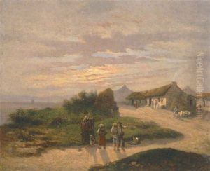 Abendliche Uferlandschaft Mit Dorfszenerie by Gustave Cesaire Garaud