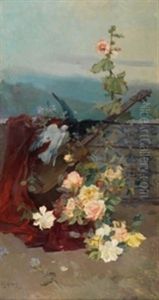 Bodegon De Rosas, Guitarra Y Palomas by Jose Garcia y Ramos