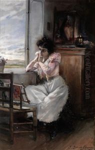 Joven Junto A La Ventana by Jose Garcia y Ramos