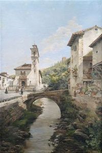 In Der Altstadt Von Granada. Blick Auf Die Am Fluss Darro Gelegene Kirche Santa Ana, Im Hintergrund Die Alhambra