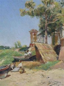 A Picnic By The Rowing Boats On The Riverbank, El Real De La Java by Manuel Garcia y Rodriguez