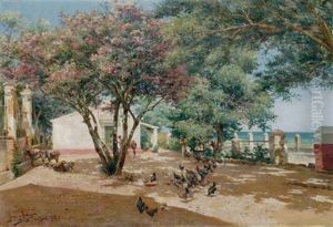 Mujeres Y Pollos En Un Corral - Women And Chickens In A Farmyard by Manuel Garcia y Rodriguez