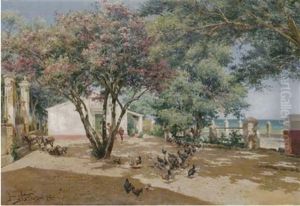Women And Chickens In A Farmyard (patio Con Mujeres Y Gallinas) by Manuel Garcia y Rodriguez