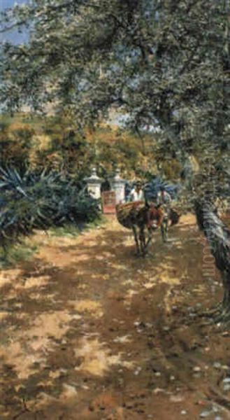 Two Men Travelling By Donkey Along A Country Lane - view 1