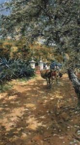 Two Men Travelling By Donkey Along A Country Lane by Manuel Garcia y Rodriguez