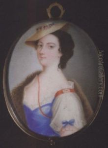 A Lady, Wearing Blue Sleeveless Dress With White Underslip And Red Ribbons, Fur Cloak Over Her Right Shoulder And Small Straw Hat Trimmed With Flowers by Theodore Gardelle