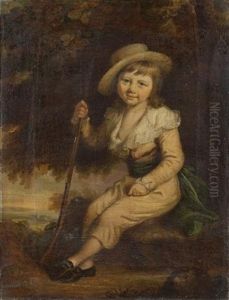 Portrait Of A Young Boy, Full-length, In A Cream Suit And Hat, Seated In A Landscape Holding A Musket