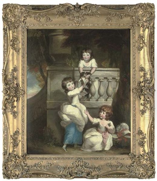 Group Portrait Of Three Children Playing At A Balcony In A Garden, With A Spaniel - view 1