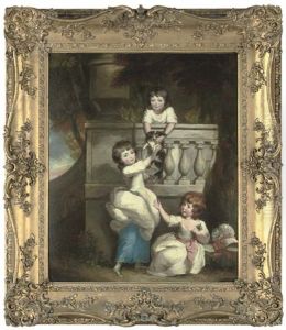 Group Portrait Of Three Children Playing At A Balcony In A Garden, With A Spaniel by Daniel Gardner