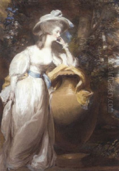 Portrait Of Philadelphia De Lancy In A White Dress And Sash, Leaning On An Urn In A Wooded Landscape - view 1