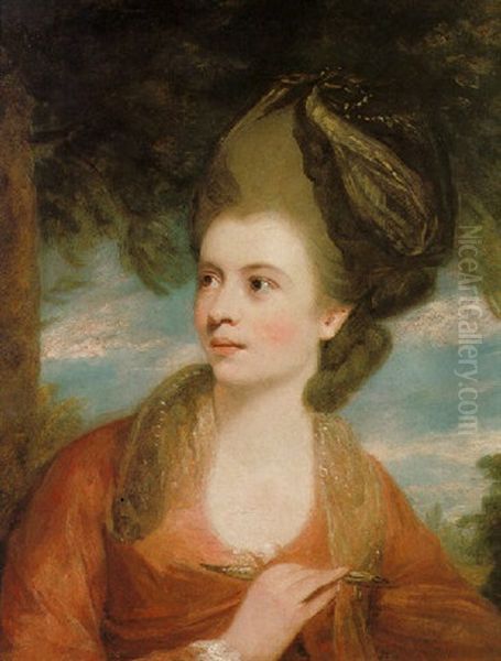 Portrait Of Angelica Kauffman Wearing A Red Dress, And A Dark Blue Headdress Holding A Pencil, With A Landscape Beyond - view 1