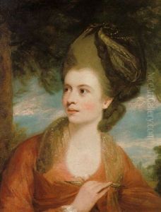 Portrait Of Angelica Kauffman Wearing A Red Dress, And A Dark Blue Headdress Holding A Pencil, With A Landscape Beyond