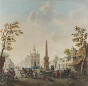 A Continental Town Square With Street Vendors By A Fountain And Boys Leading Mules With Flower Baskets