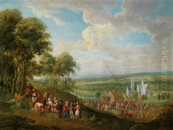 Eine Weite Landschaft Mit Dorfbewohnern Bei Der Errichtung Eines Maibaums - view 1