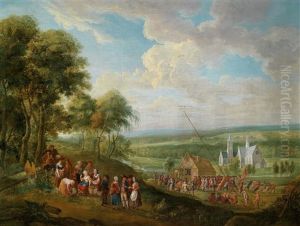 Eine Weite Landschaft Mit Dorfbewohnern Bei Der Errichtung Eines Maibaums