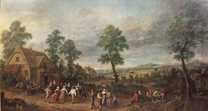 A Summer Landscape With Peasants Dancing In The Village by Jan Anton Garemyn