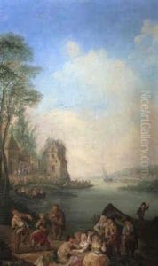 River Landscape With Elegant Figures And Peasants by Jan Anton Garemyn