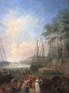 River Landscape With Elegant Figures On A Quayside