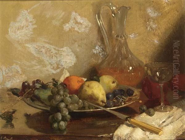 Still Life With Grapes, Oranges And A Knife, All On A Wooden Table - view 1