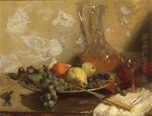 Still Life With Grapes, Oranges And A Knife, All On A Wooden Table