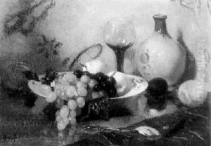 A Still Life With Grapes, Peaches And A Jug On A Table by Solomon Garf