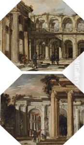 Figures Conversing Amongst Classical Colonnades (+ Another; Pair)