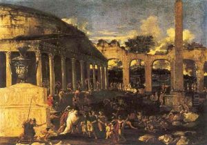 Veduta Ideata Di Rovine Romane Con Il Pantheon, L'obelisco Di Augusto Ed Episodi Di Vita Romana by Domenico Gargiulo