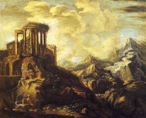 Paesaggio Montano Con Tempio Classico E Figure A Sinistra