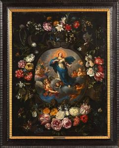 L"assomption Dans Un Cartouche Entoure De Fleurs