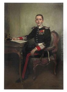 Portrait Of A Gentleman, Full-length, Seated, In Uniform Before A Bureau Plat by Leon Garland