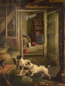 Jack Russell And A Further Russell Terrier Chasing A Cat In A Kitchen Scene