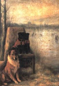 Black Pugs And A Collie In Winter by Valentine Thomas Garland