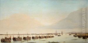 Early Morning View Of Portsmouth Harbour With The Prison Hulks At Low Tide, Showing Fishermen And Nets On The Mud Banks by Ambroise-Louis Garneray