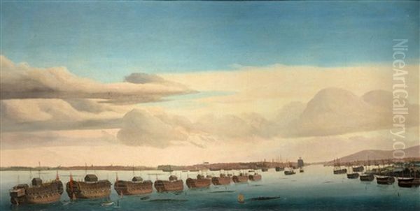 Prison Hulks Lying In Portsmouth Harbour At Dusk - view 1