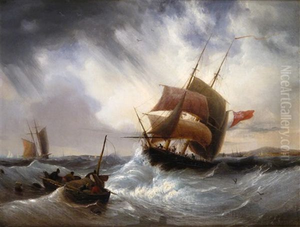 A Brig And A Small Boat In A Stormy Sea - view 1