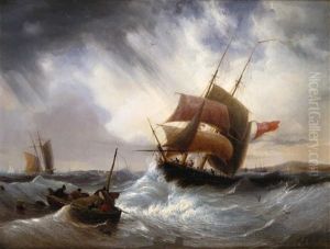 A Brig And A Small Boat In A Stormy Sea by Ambroise-Louis Garneray