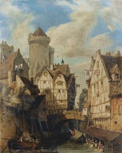 Vue D'une Ville Animee, Probablement En Normandie by Hippolyte Garneray