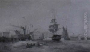 Navire Et Bateau-vapeur Aux Abords De L'entree D'un Port by Hippolyte Garneray