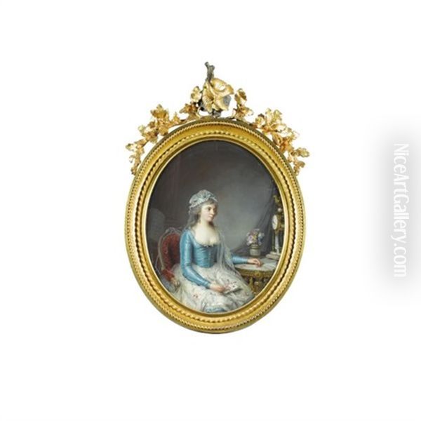 Portrait De Jeune Femme A La Robe Bleue Devant Un Gueridon - view 1
