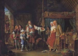 Der Besuch Des Grand Dauphins In Begleitung Des Duc De Montausier In Einer Hutte by Jean Francois Garneray