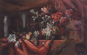 Carnations, Parrot Tulips, Morning Glory And Other Flowers In A Bowl With Fruit And Porcelain Vases On A Table by Etienne-Barthelemy Garnier