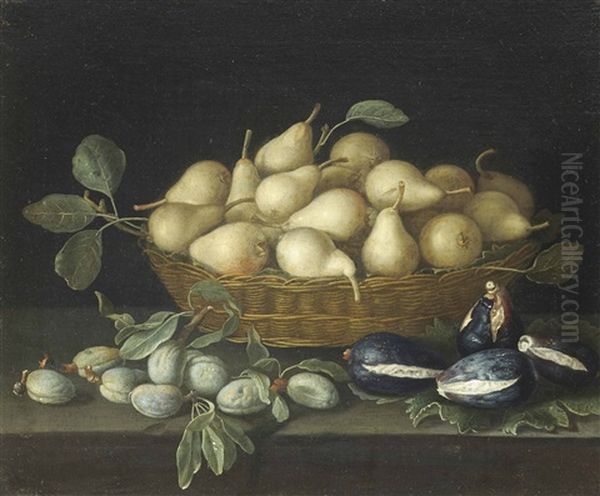 Pears In A Wicker Basket, With Almonds And Figs On A Stone Ledge - view 1