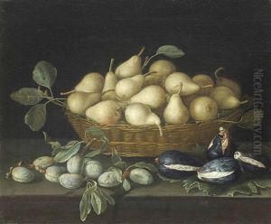 Pears In A Wicker Basket, With Almonds And Figs On A Stone Ledge by Francois Garnier