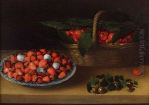 Nature Morte Au Panier De Cerises Et A La Coupe De Fraise Sur Un Entablement by Francois Garnier