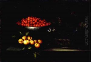 Nature Morte A La Coupe De Cerises, Corbeille De Feves Et Abricots Sur Un Entablement by Francois Garnier