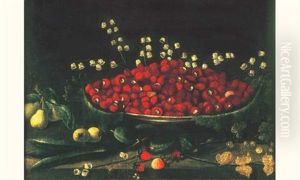 Plat De Fraises Des Bois Parseme De Muguet Dispose Sur Un Entablement A Cote De Fruits by Francois Garnier